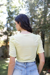 Yellow Mesh V-Neck Short Sleeve Crop Top with Ruched Front and Tie Detail